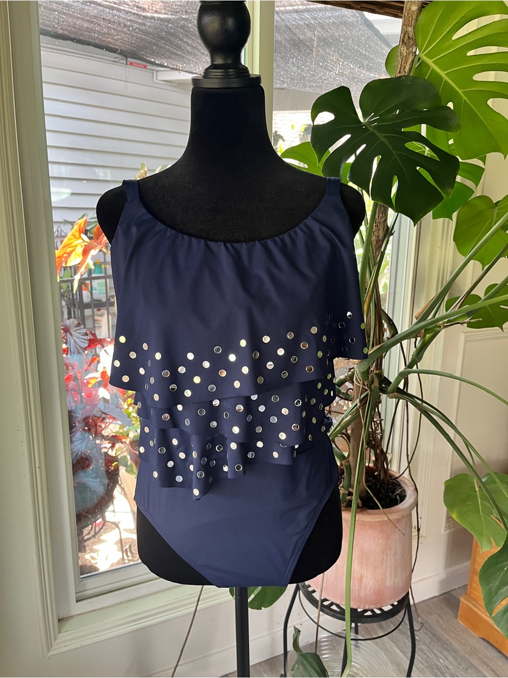 Coco Reef Navy Layered Ruffle Camisole with Metallic Studs